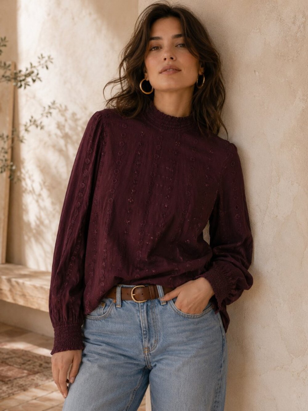 H&M LOGG Burgundy Eyelet Embroidered Blouse Size 6 Long Sleeve Mock Neck Boho
